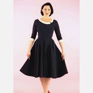 Pretty Dress Company navy and white pleated swing dress 3/4 sleeves UK10